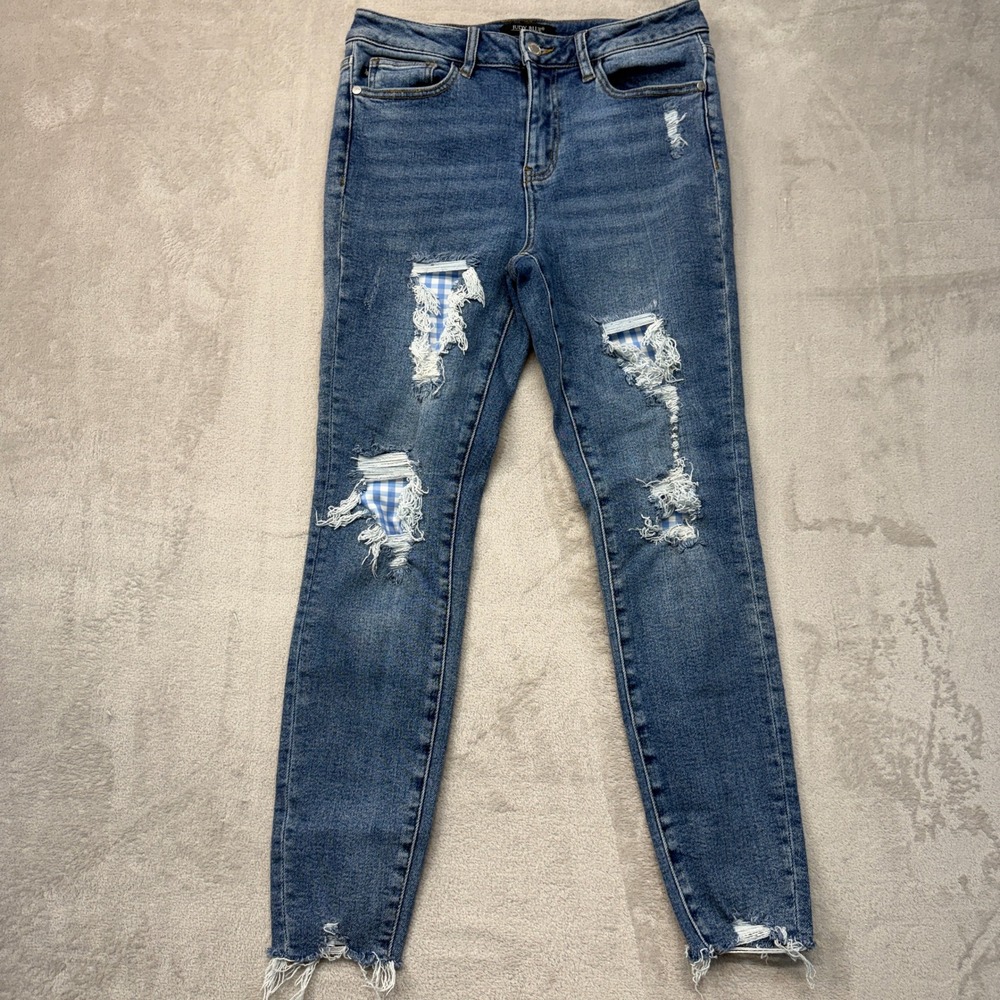 Judy Blue Jeans Women's 5/27 Skinny Blue Distressed Gingham Patch Raw Hem Denim